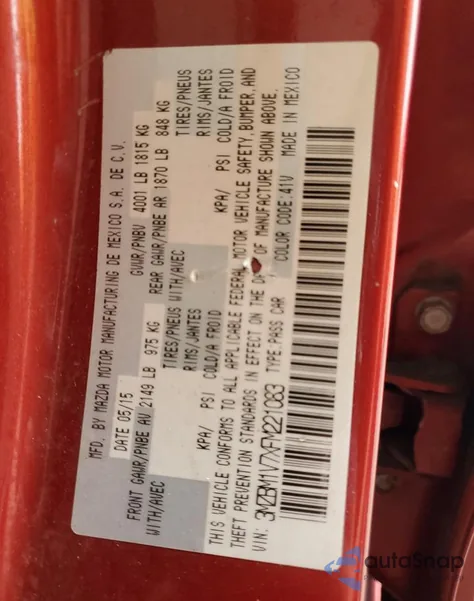 2015 Mazda 3 Touring из США, поврежденный, VIN 3MZBM1V7XFM221083